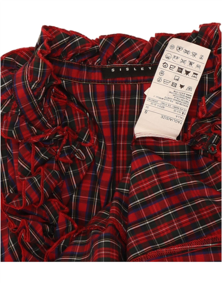 SISLEY Womens Ruffle Front Shirt Blouse UK 10 Small Red Check Cotton