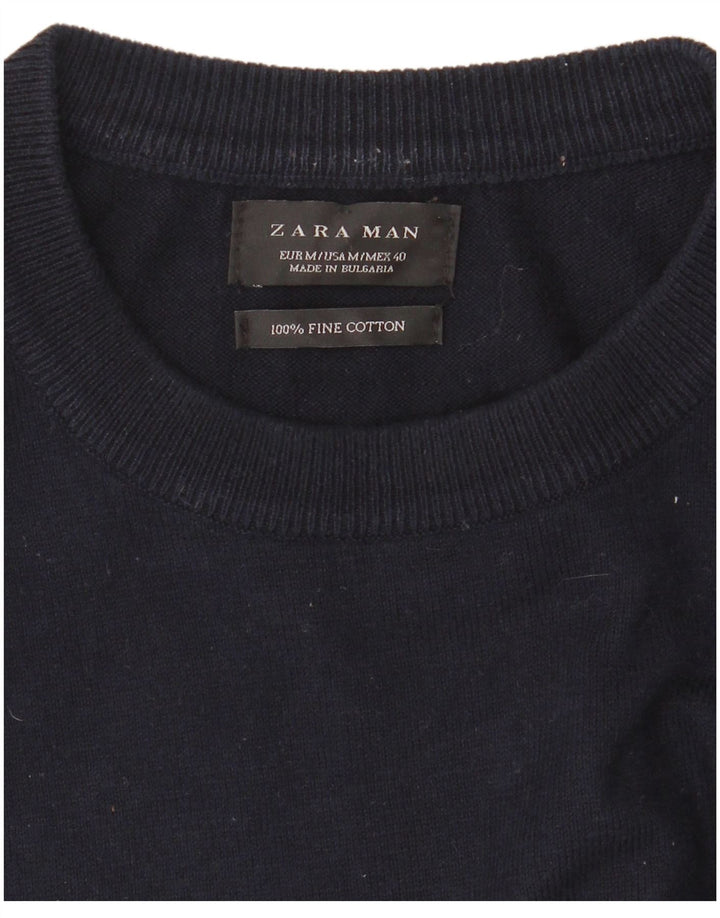 Zara Mens Crew Neck Jumper Sweater Medium Navy Blue Striped Cotton