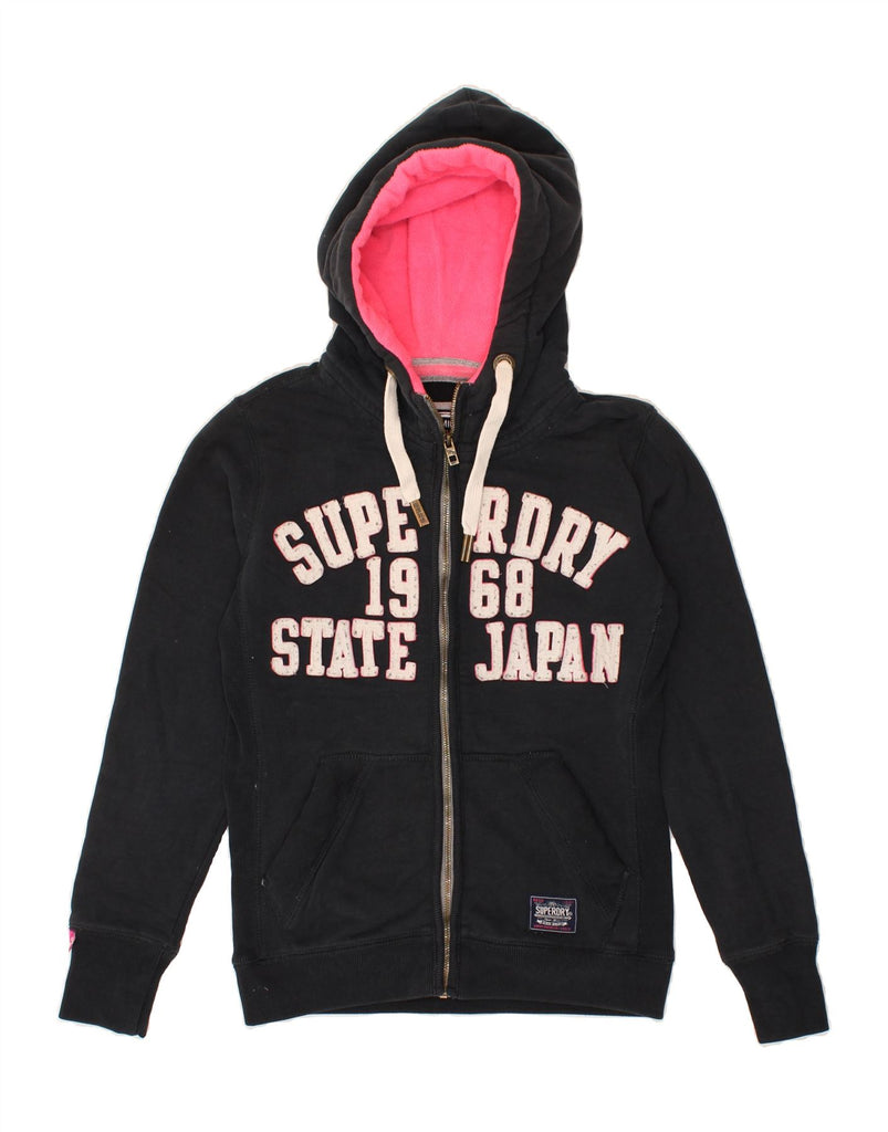 SUPERDRY Womens Graphic Zip Hoodie Sweater UK 10 Small Black Cotton | Vintage Superdry | Thrift | Second-Hand Superdry | Used Clothing | Messina Hembry 