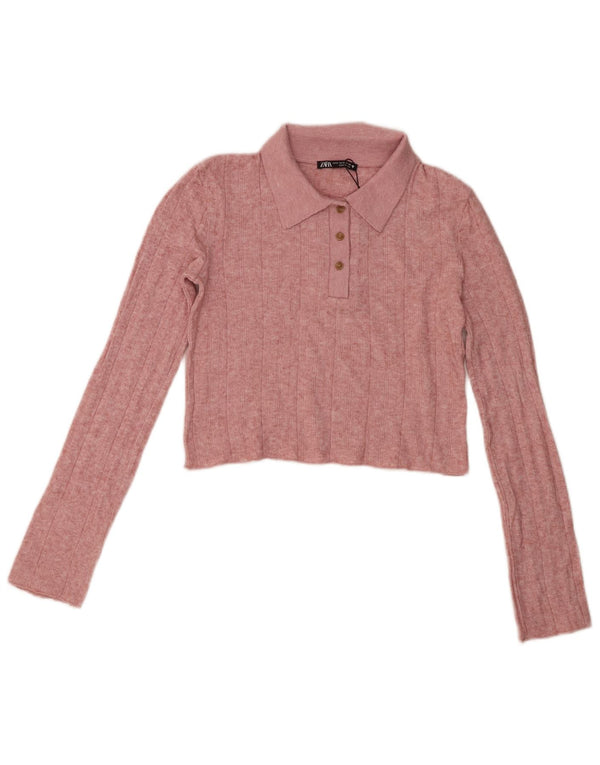 Zara Womens Long Sleeve Crop Polo Shirt UK 10 Small Pink Viscose