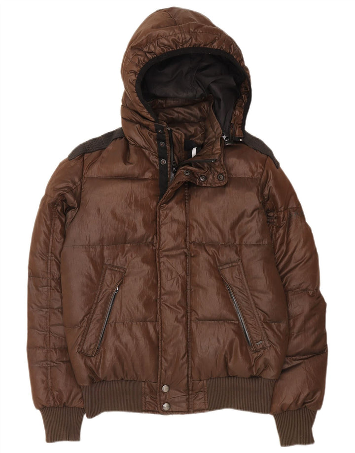 Gas Mens Hooded Bomber Padded Jacket UK 36 Small Brown Polyester