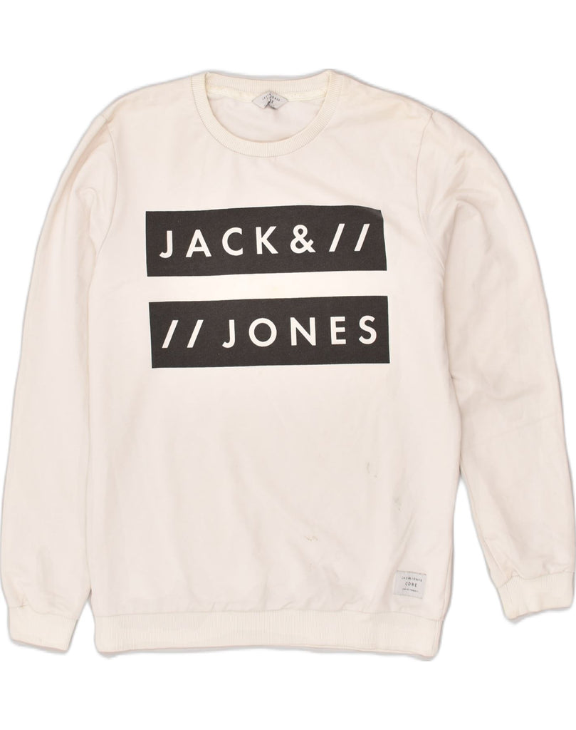 JACK & JONES Mens Graphic Sweatshirt Jumper Small Off White Cotton | Vintage Jack & Jones | Thrift | Second-Hand Jack & Jones | Used Clothing | Messina Hembry 