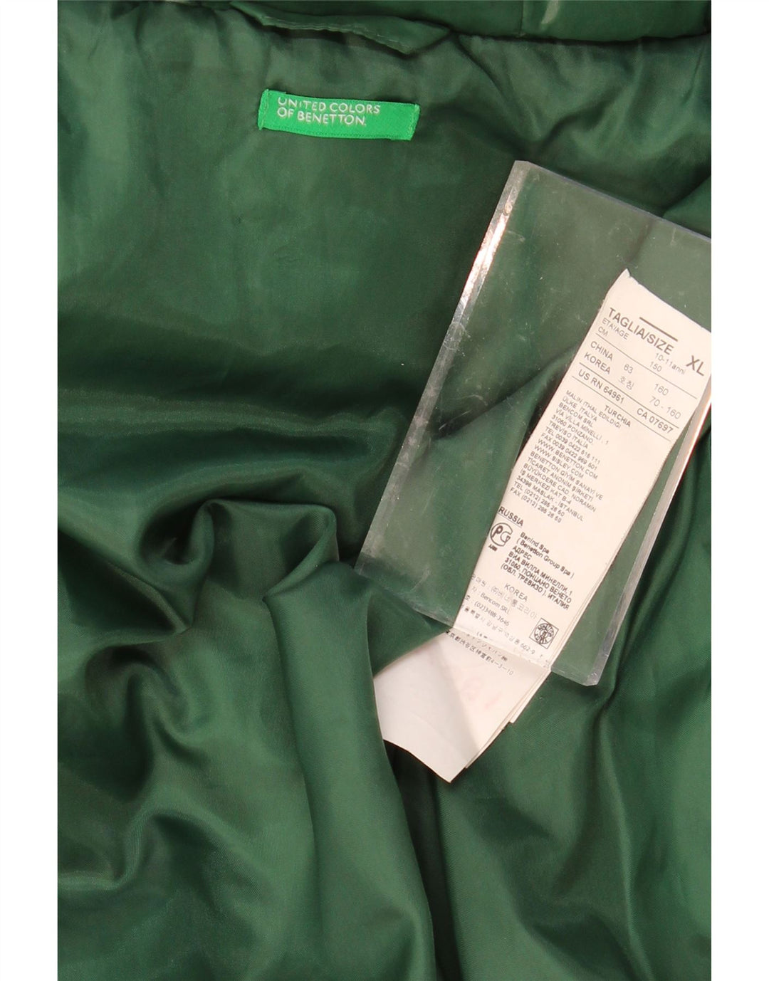 BENETTON Boys Graphic Hooded Padded Jacket 10-11 Years XL Green Polyester Vintage Benetton and Second-Hand Benetton from Messina Hembry 
