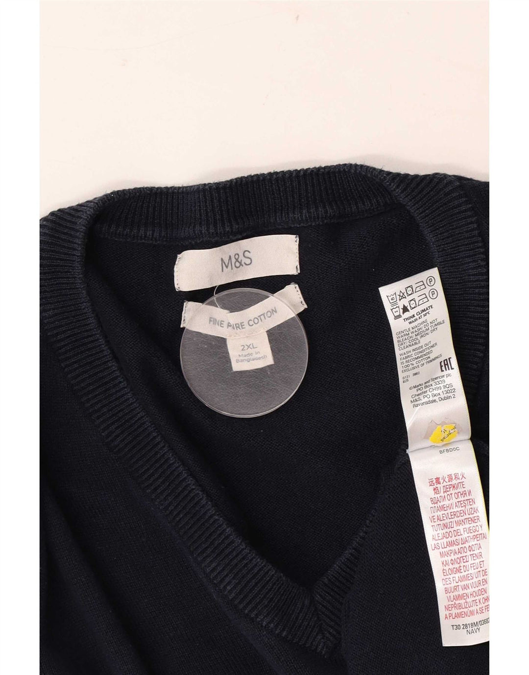 Marks & Spencer Mens V-Neck Jumper Sweater 2XL Navy Blue Cotton