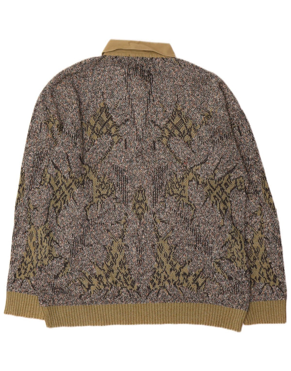 Vintage Mens Abstract Pattern Polo Neck Jumper Sweater XL Grey Linen