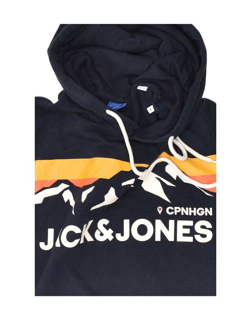 JACK & JONES Mens Graphic Hoodie Jumper Medium Navy Blue Cotton | Vintage Jack & Jones | Thrift | Second-Hand Jack & Jones | Used Clothing | Messina Hembry 