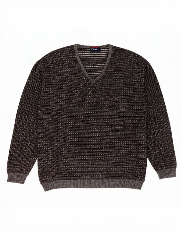 Jockey Mens V-Neck Jumper Sweater IT 52 Large Grey Striped Virgin Wool