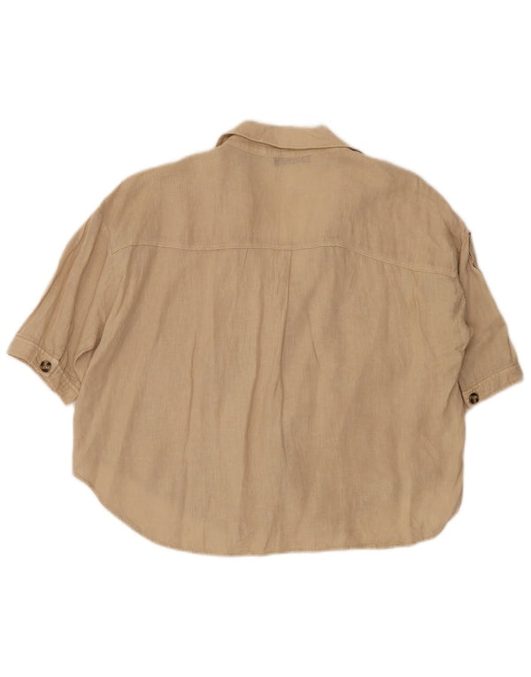 Zara Womens Short Sleeve Oversized Shirt Blouse UK 10 Small Beige Cotton