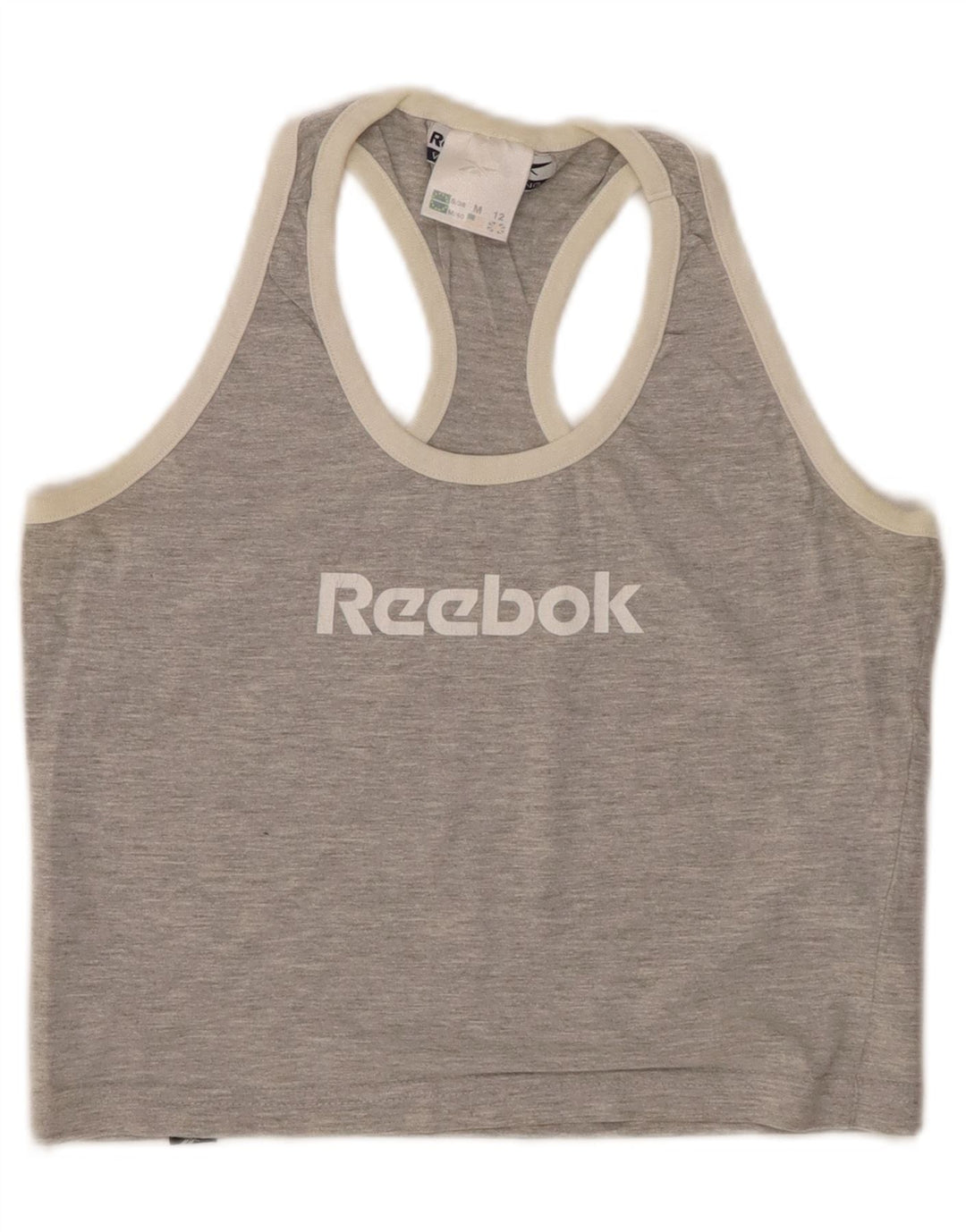 REEBOK Womens Crop Graphic Vest Top UK 12 Medium Grey Flecked Cotton