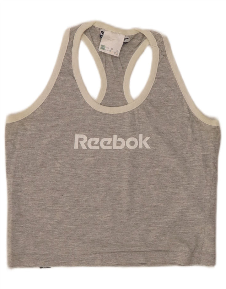 REEBOK Womens Crop Graphic Vest Top UK 12 Medium Grey Flecked Cotton