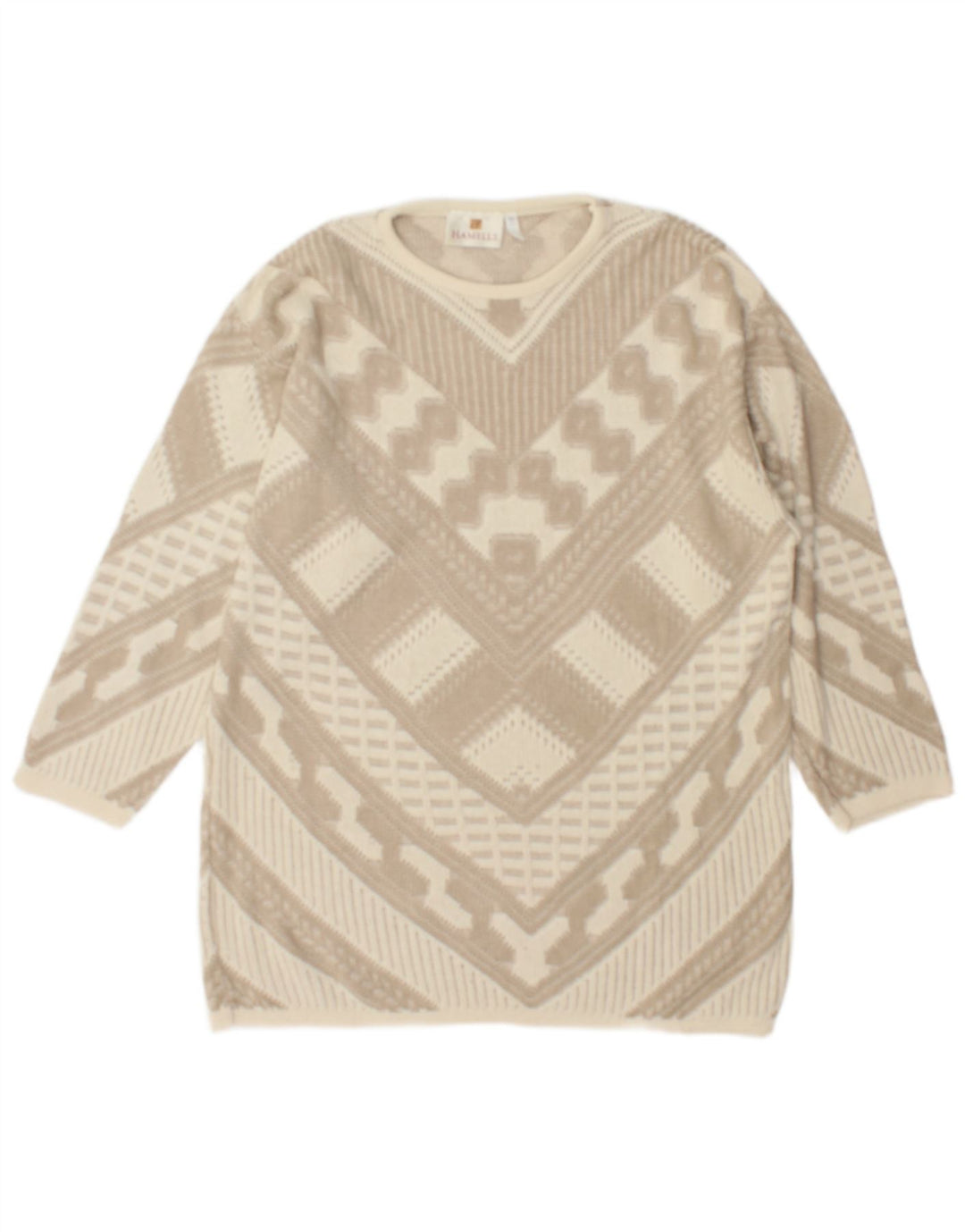 Vintage Womens Crew Neck Jumper Sweater UK 12 Medium Beige Geometric
