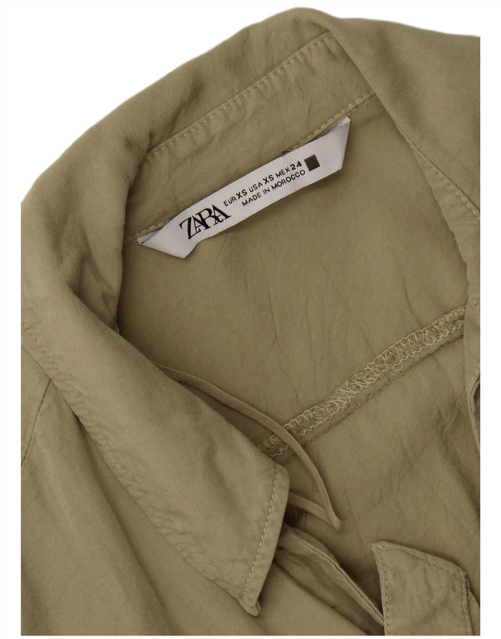 Zara Womens Crop Front Tie Oversized Shirt Blouse UK 6 XS Khaki