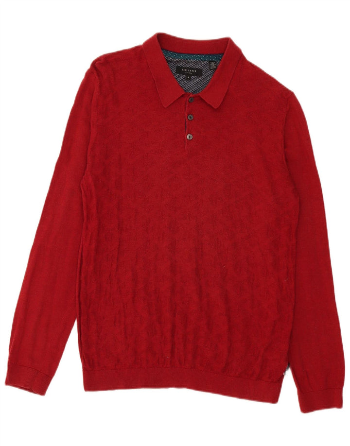 Ted Baker Mens Polo Neck Jumper Sweater Size 4 Large Red Geometric Cotton