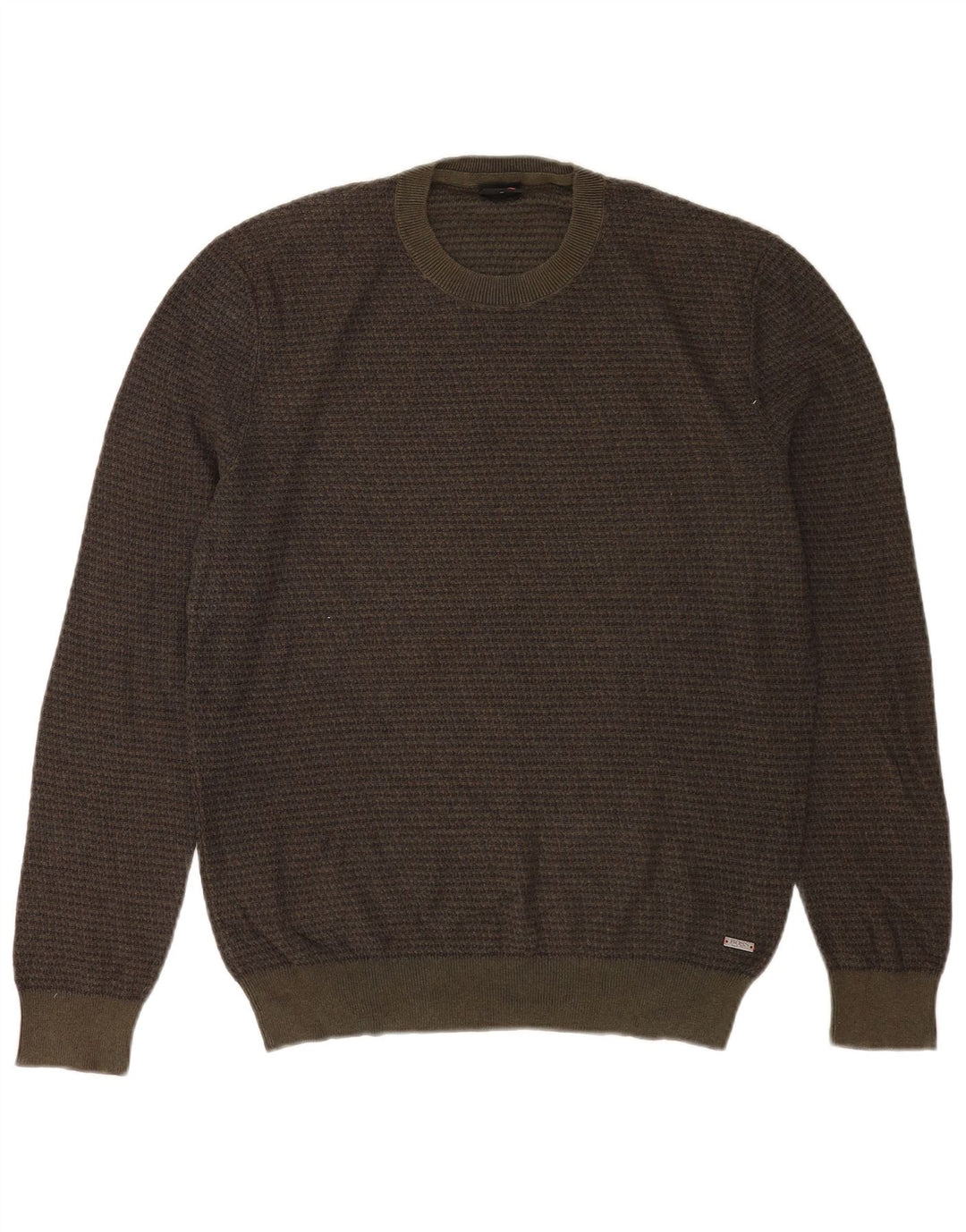 Hugo Boss Mens Crew Neck Jumper Sweater Medium Khaki Check Cotton