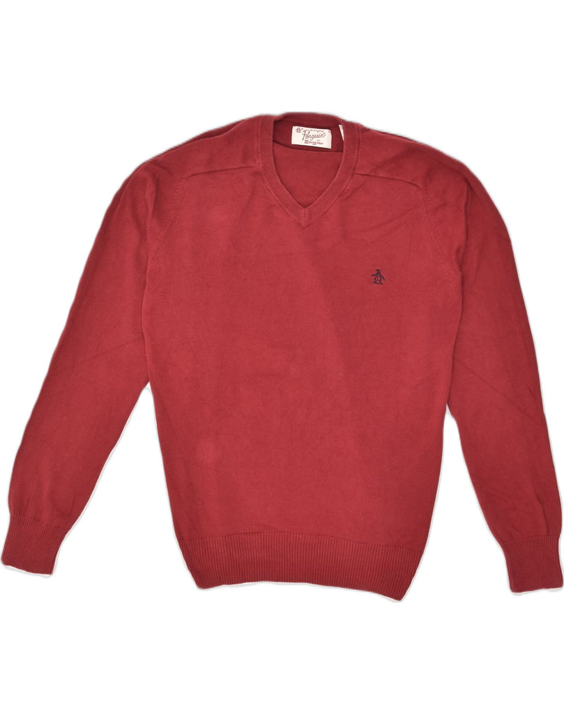 PENGUIN Mens V-Neck Jumper Sweater Medium Red Cotton | Vintage Penguin | Thrift | Second-Hand Penguin | Used Clothing | Messina Hembry 