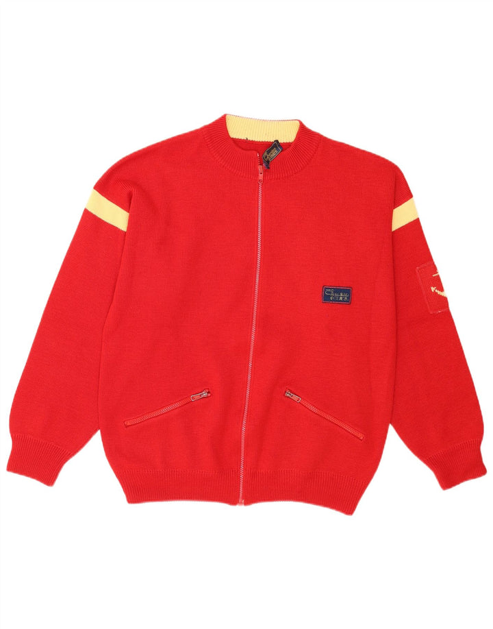 Vintage Mens Full Zip Cardigan Sweater Medium Red Colourblock Acrylic