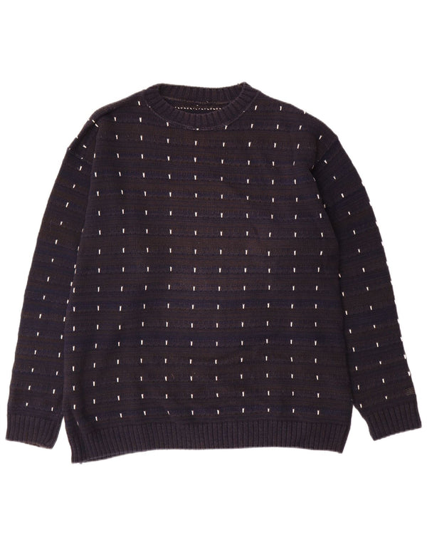 Vintage Mens Boat Neck Jumper Sweater Large Navy Blue Striped Cotton