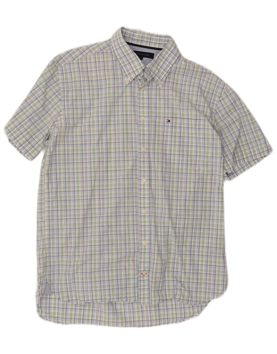 TOMMY HILFIGER Mens Short Sleeve Shirt Large Blue Check Cotton