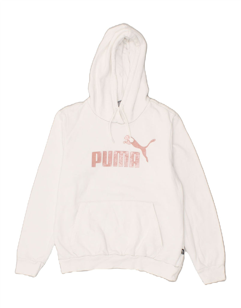 PUMA Womens Graphic Hoodie Jumper UK 14 Medium White Cotton | Vintage Puma | Thrift | Second-Hand Puma | Used Clothing | Messina Hembry 