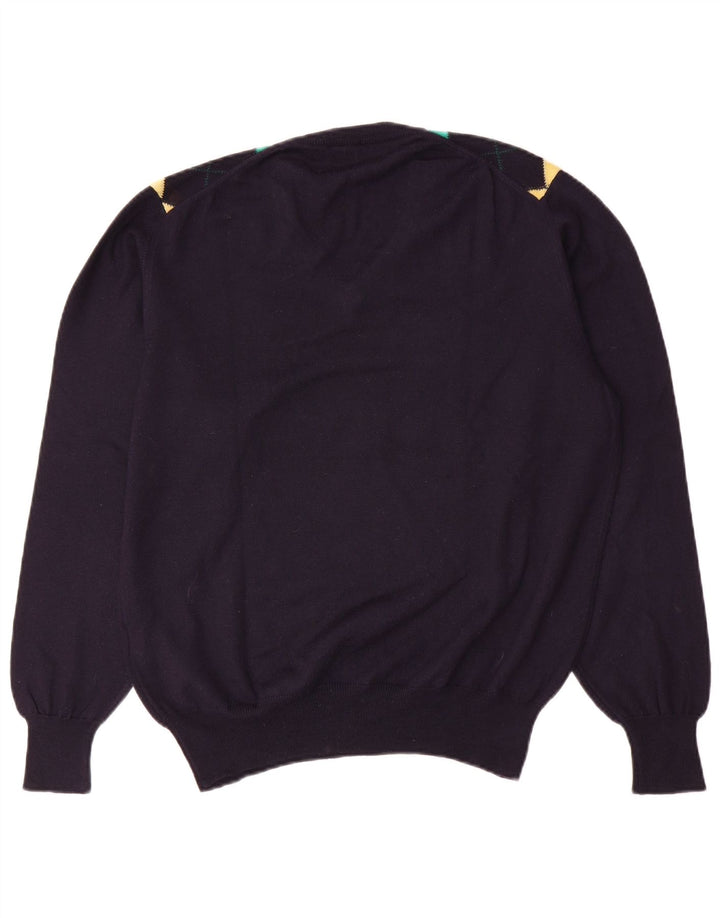 Marronetto Mens V-Neck Jumper Sweater Small Navy Blue Argyle/Diamond Wool