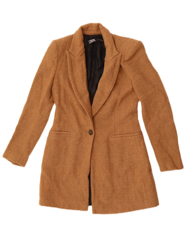 Zara Womens 1 Button Longline Blazer Jacket UK 10 Small Beige