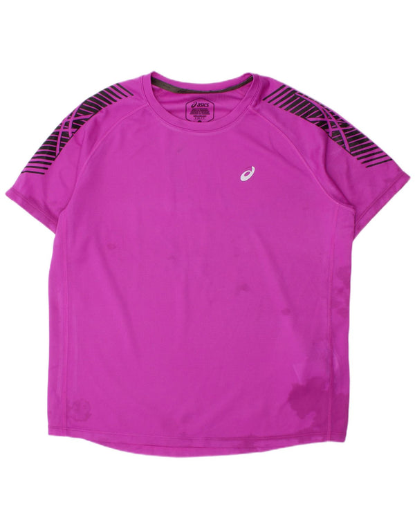 Asics Boys T-Shirt Top 10-11 Years Small Purple Striped Polyester