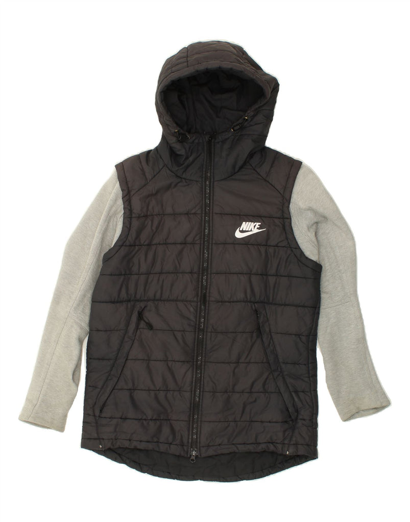 NIKE Womens Hooded Padded Jacket UK 14 Medium Black Colourblock Cotton | Vintage Nike | Thrift | Second-Hand Nike | Used Clothing | Messina Hembry 