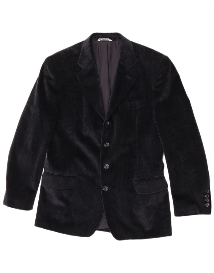 RETRO Mens 4 Button Velvet Blazer Jacket IT 48 Medium Navy Blue Cotton