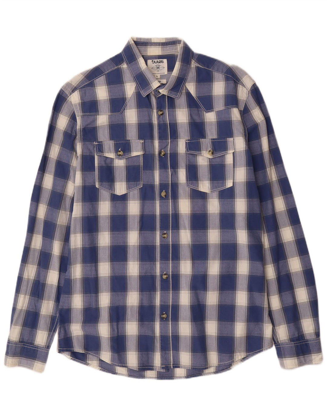 JULES Mens Fitted Shirt Large Blue Check Cotton
