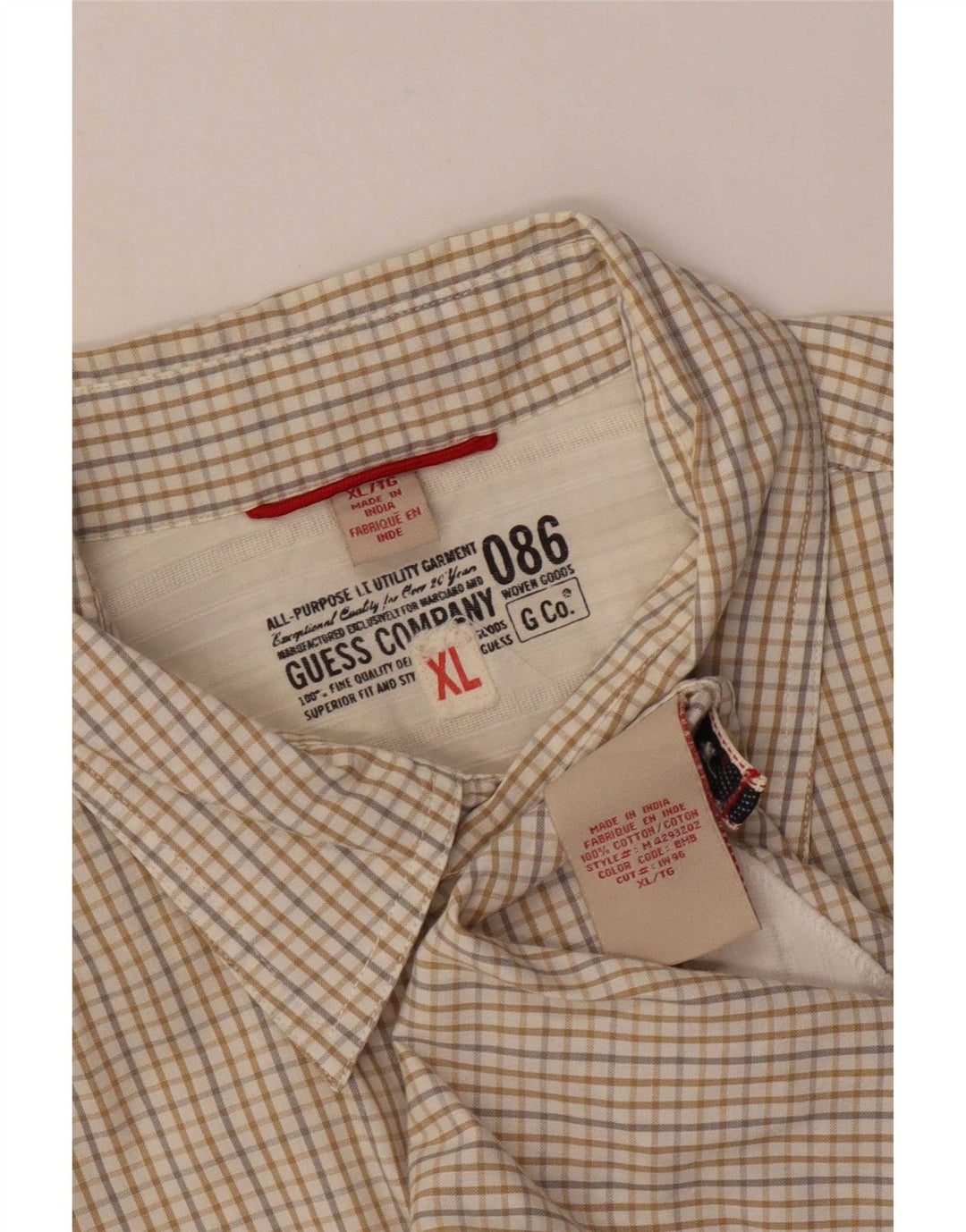 Guess Mens Short Sleeve Shirt XL Beige Gingham Cotton