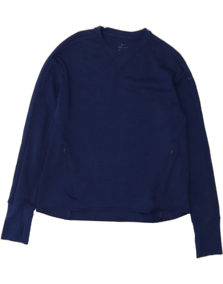 NIKE Womens Dri Fit Top Long Sleeve UK 14 Medium Navy Blue Polyester Vintage Nike and Second-Hand Nike from Messina Hembry 