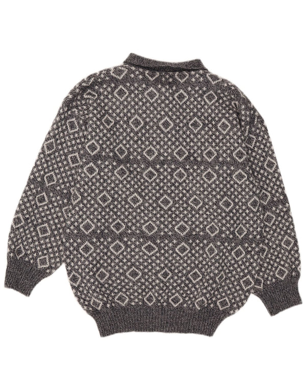 Vintage Mens Polo Neck Jumper Sweater XL Grey Argyle/Diamond