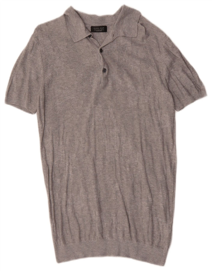 Zara Mens Short Sleeve Polo Shirt Medium Grey Geometric Viscose