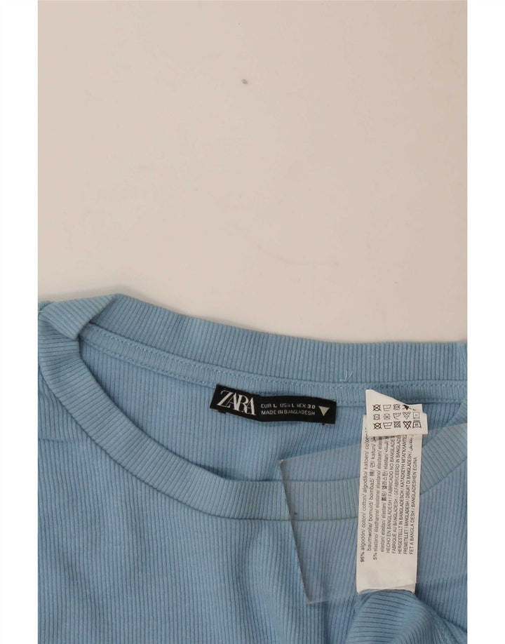 Zara Womens Crop Blouse Top UK 14 Large Blue Cotton