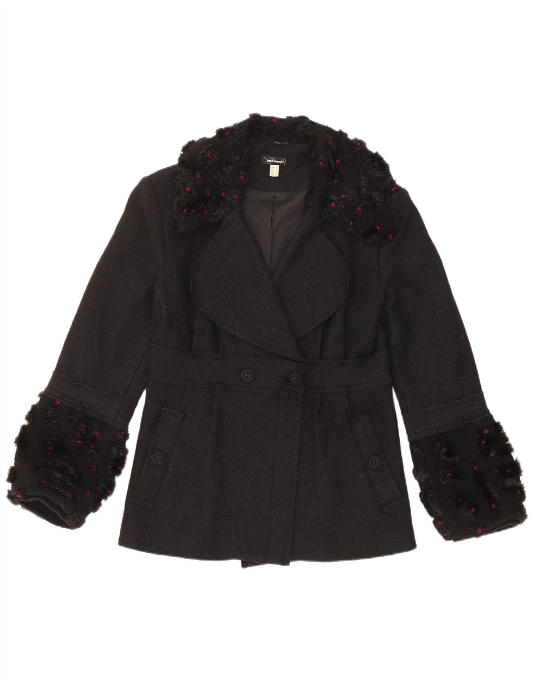 Vintage Womens Double Breasted Coat UK 12 Medium Black Wool