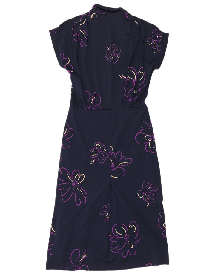 VINTAGE Womens A-Line Dress UK 14 Medium Navy Blue Floral Polyamide