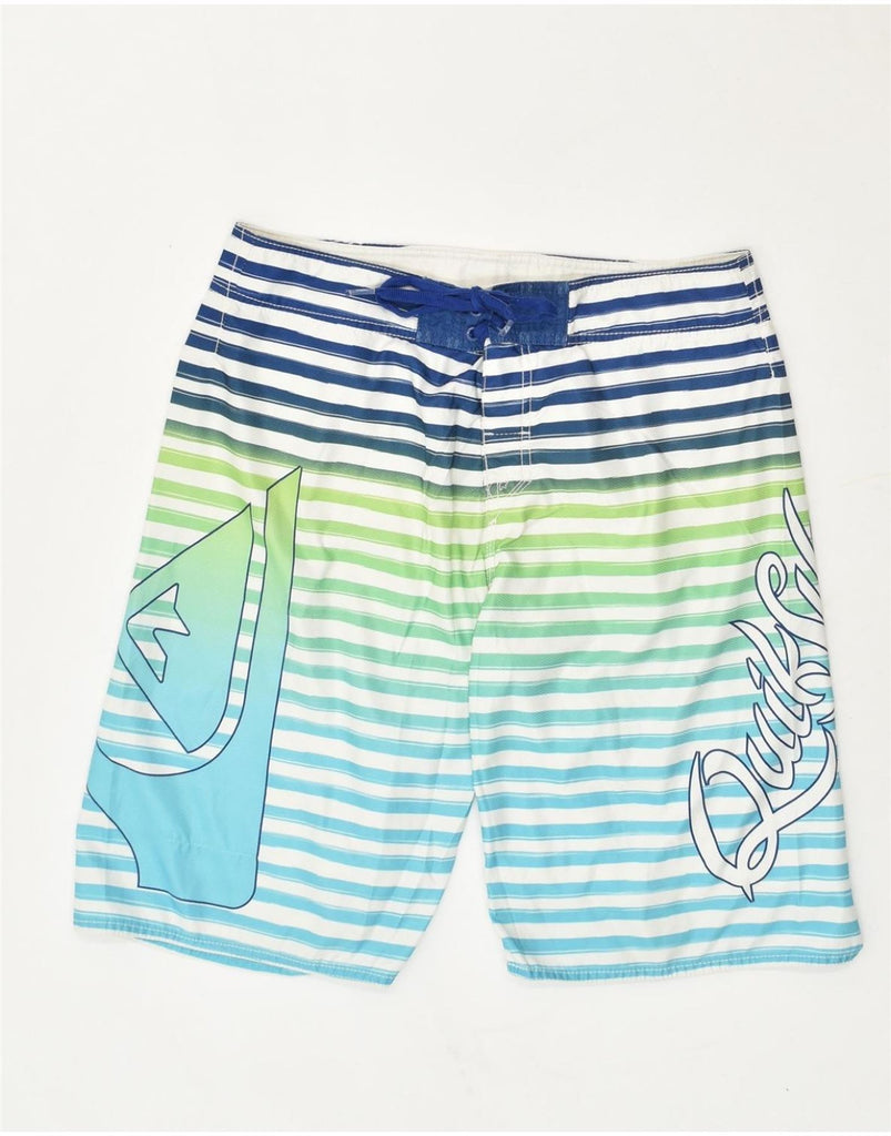 QUIKSILVER Mens Graphic Swimming Shorts Medium Blue Striped Polyester | Vintage Quiksilver | Thrift | Second-Hand Quiksilver | Used Clothing | Messina Hembry 