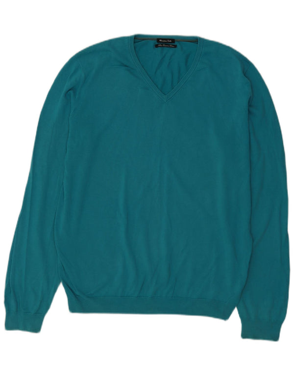 Massimo Dutti Mens V-Neck Jumper Sweater Large Blue Cotton