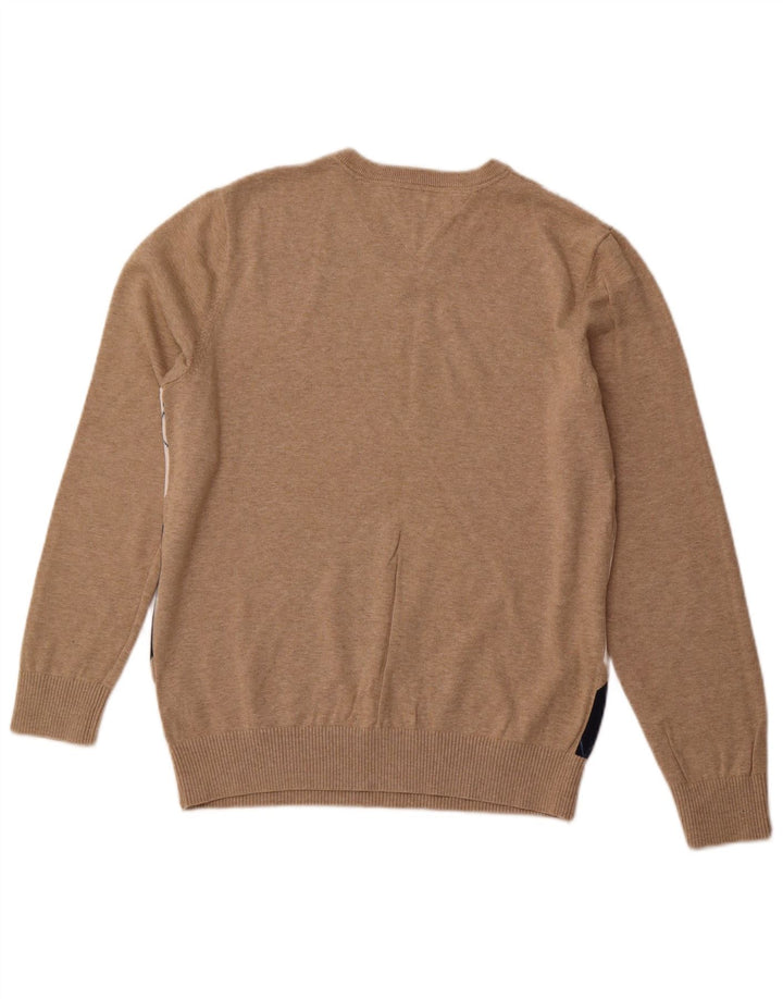 TOMMY HILFIGER Mens V-Neck Jumper Sweater Medium Beige Argyle/Diamond