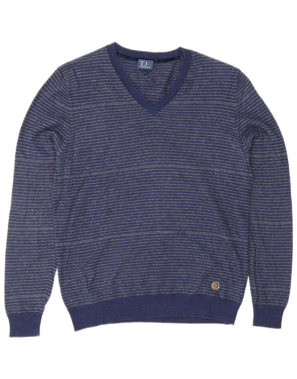 TRUSSARDI JEANS Mens V-Neck Jumper Sweater Medium Blue Striped Cotton