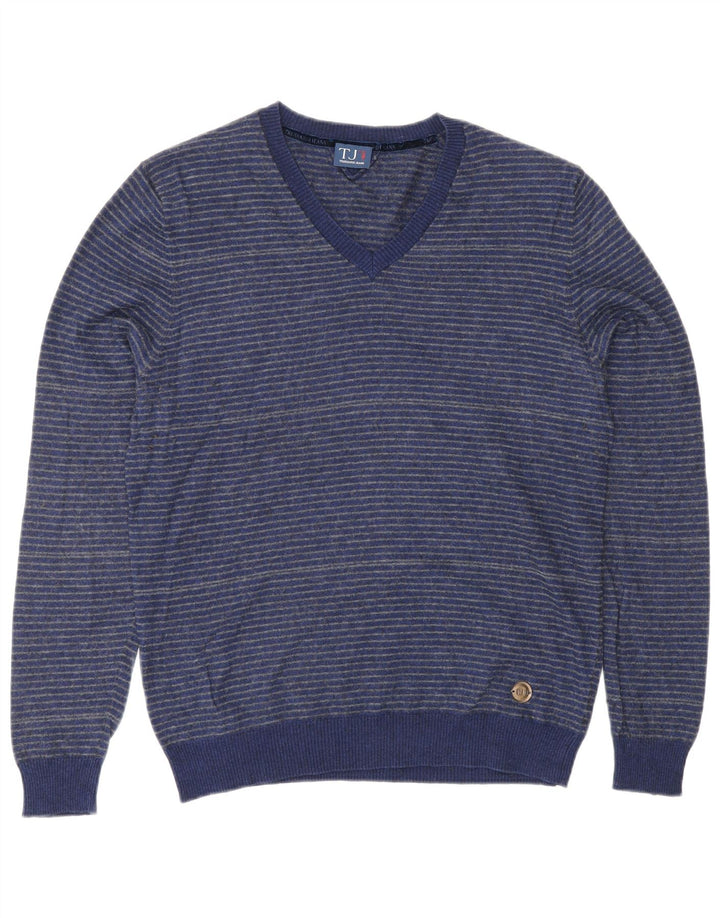 TRUSSARDI JEANS Mens V-Neck Jumper Sweater Medium Blue Striped Cotton