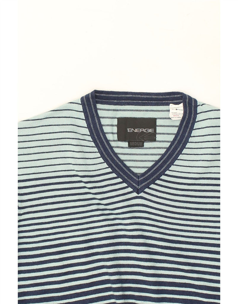 ENERGIE Mens V-Neck Jumper Sweater Medium Navy Blue Striped Cotton | Vintage Energie | Thrift | Second-Hand Energie | Used Clothing | Messina Hembry 