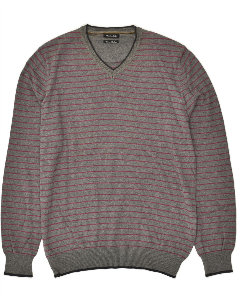 MASSIMO DUTTI Mens V-Neck Jumper Sweater Medium Grey Striped Cotton | Vintage Massimo Dutti | Thrift | Second-Hand Massimo Dutti | Used Clothing | Messina Hembry 