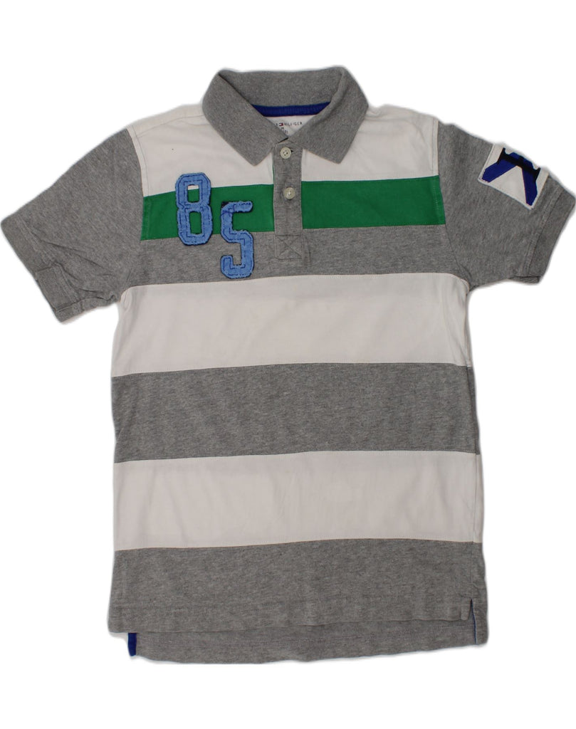 TOMMY HILFIGER Boys Graphic Polo Shirt 8-9 Years Medium Grey Striped | Vintage Tommy Hilfiger | Thrift | Second-Hand Tommy Hilfiger | Used Clothing | Messina Hembry 