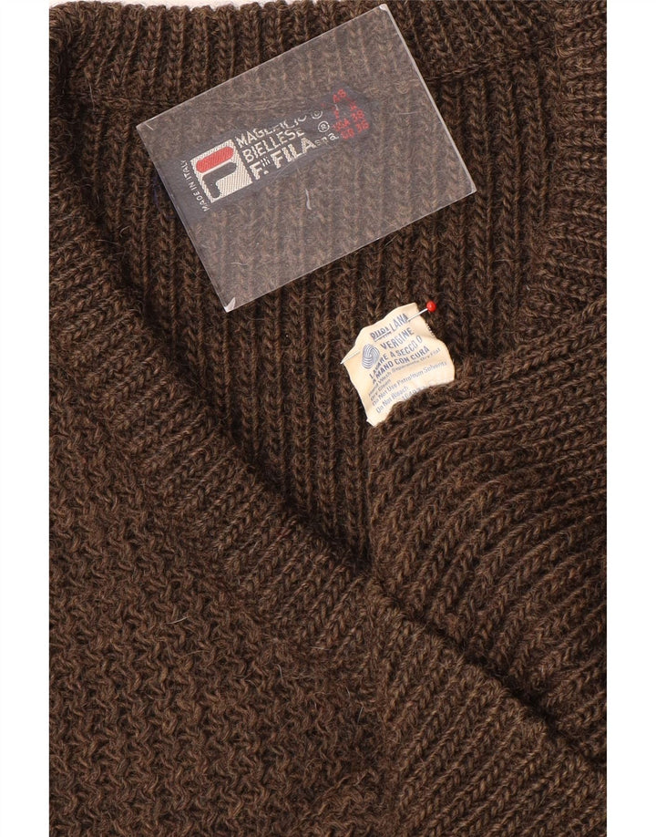 Fila Mens V-Neck Jumper Sweater UK 36 Small Brown Wool
