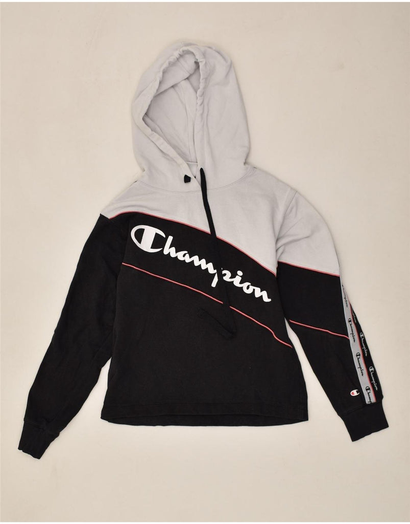 CHAMPION Womens Graphic Hoodie Jumper UK 14 Medium Black Colourblock | Vintage Champion | Thrift | Second-Hand Champion | Used Clothing | Messina Hembry 