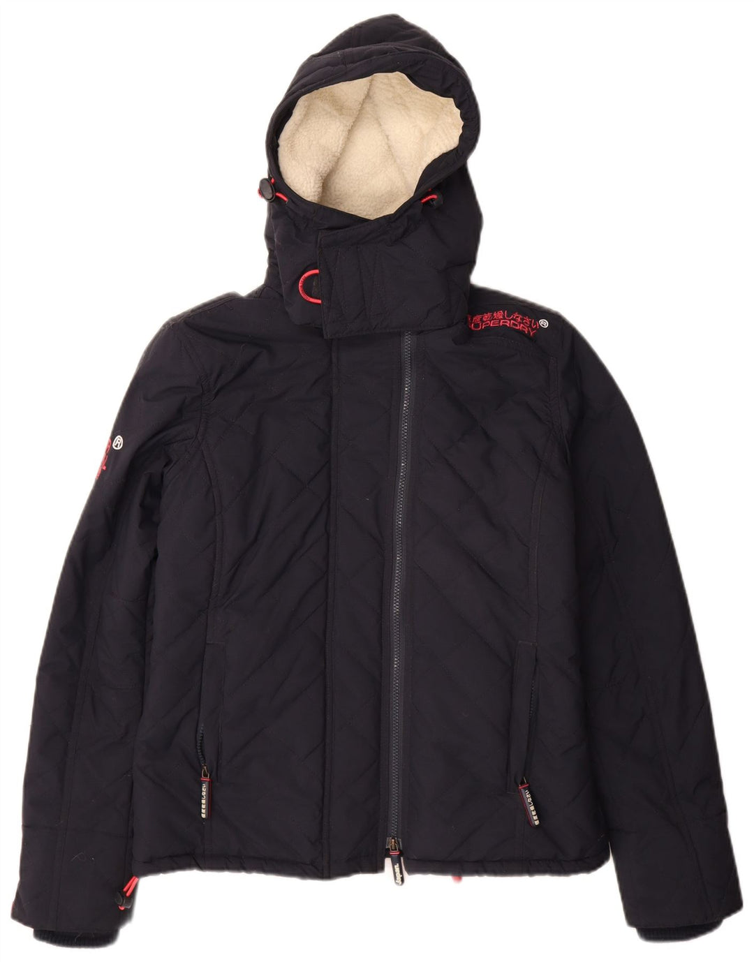 Superdry Womens Hooded Sherpa Windbreaker Jacket UK 14 Medium Navy Blue
