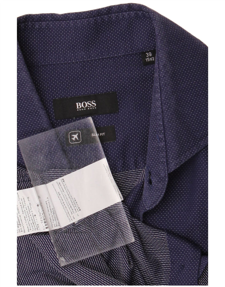 Hugo Boss Mens Slim Fit Shirt Size 39 15 1/2 Medium Navy Blue Spotted