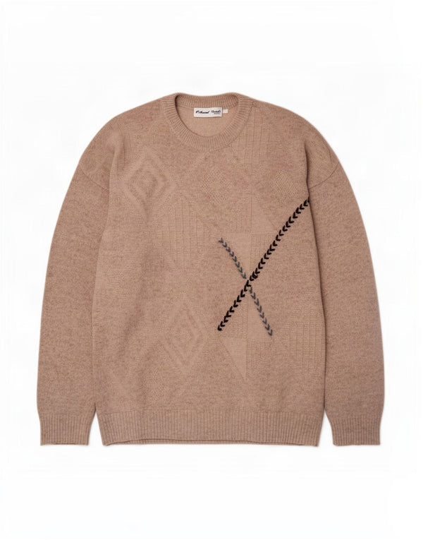 Avant Garde Mens Crew Neck Jumper Sweater Medium Beige Argyle/Diamond