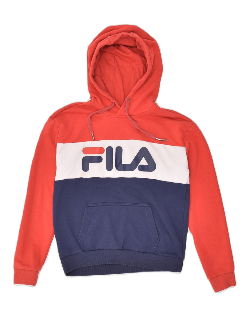 FILA Womens Graphic Hoodie Jumper UK 10 Small Navy Blue Colourblock Cotton | Vintage Fila | Thrift | Second-Hand Fila | Used Clothing | Messina Hembry 